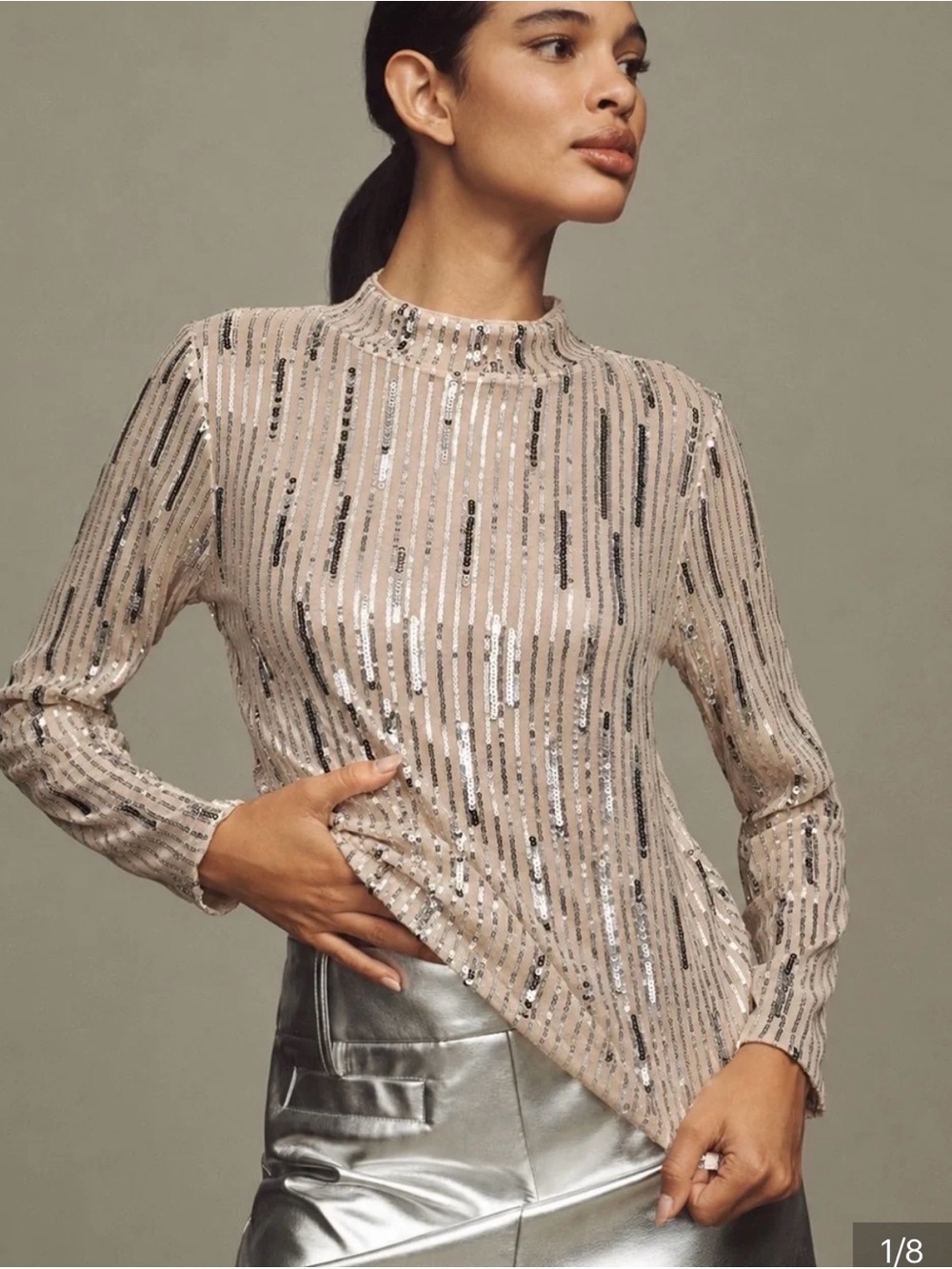 Sanctuary Nude Sequin-Striped Mock Neck Long Sleeve Top